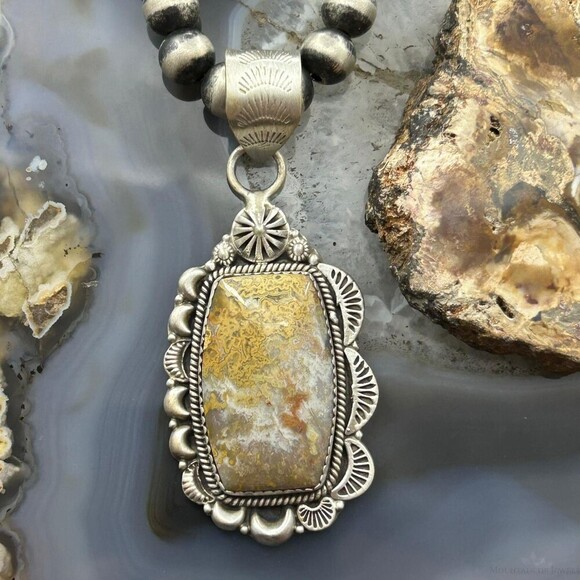 Sterling Southwestern Style Rectangle Petrified Plume Agate Decorated Pendant - Picture 1 of 10